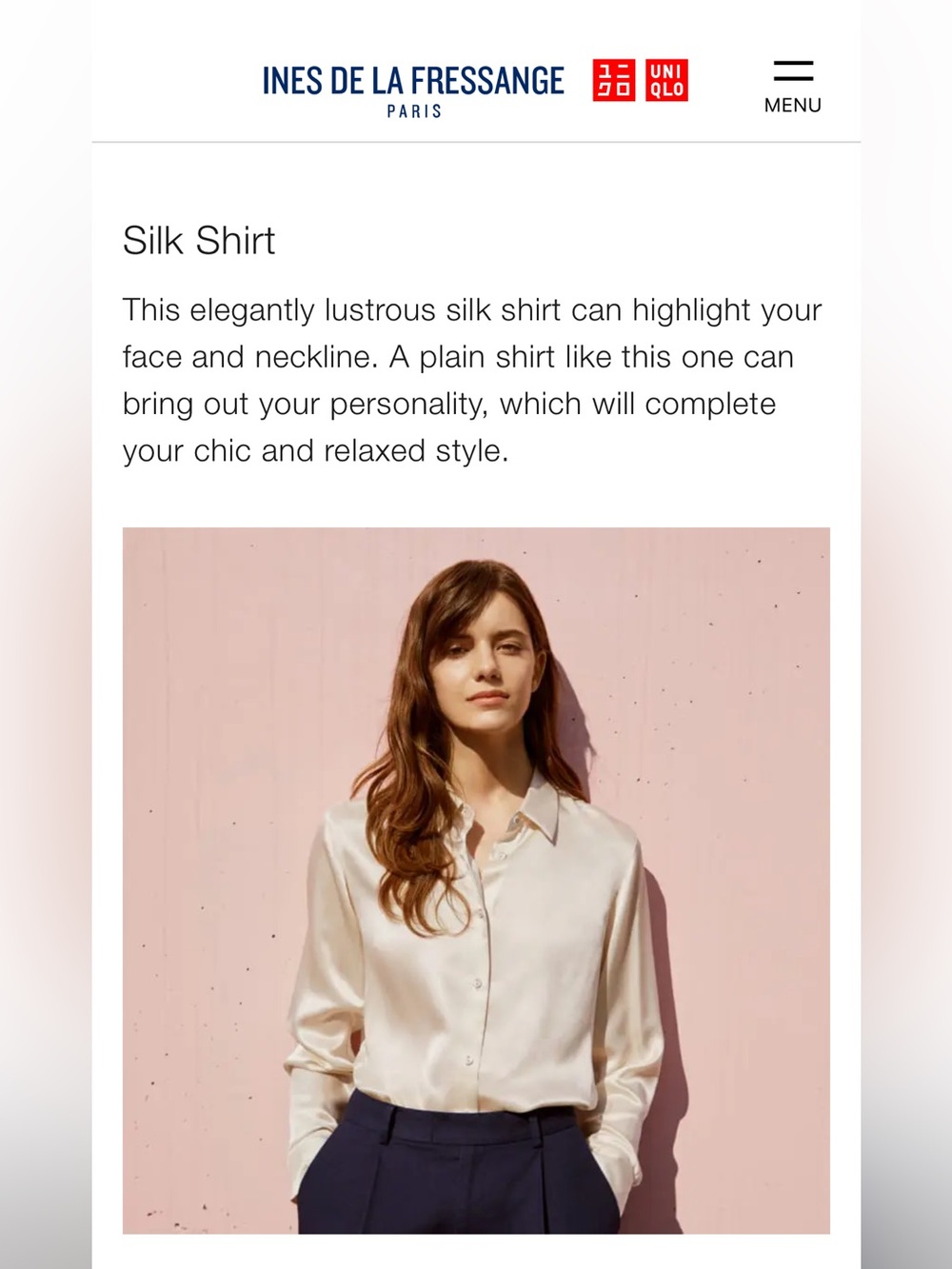 New Ines De La Fressange Uniqlo Silk Shirt Pink Small